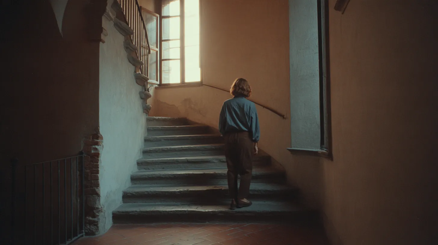 A person seen from behind climbing worn stone stairs toward a tall window in an old apartment building, in soft afternoon light