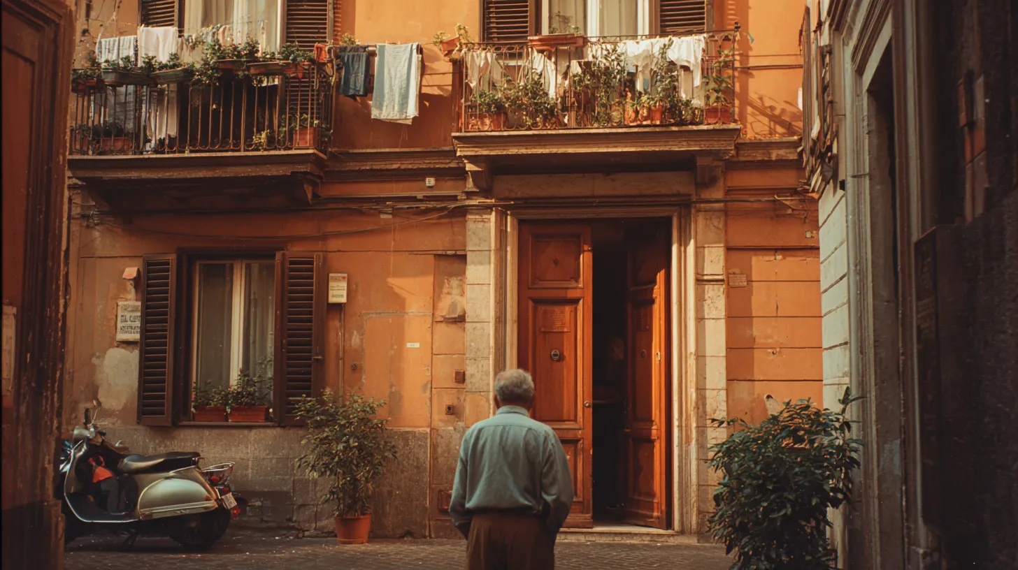 A person seen from behind at the open wooden door of an ochre apartment building on a quiet Rome street, with scooters below and laundry on the balconies