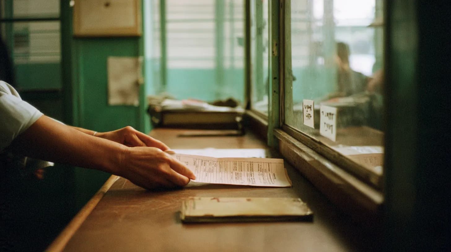 Hands passing a paper form across a wooden counter at a glass service window in an Italian public office