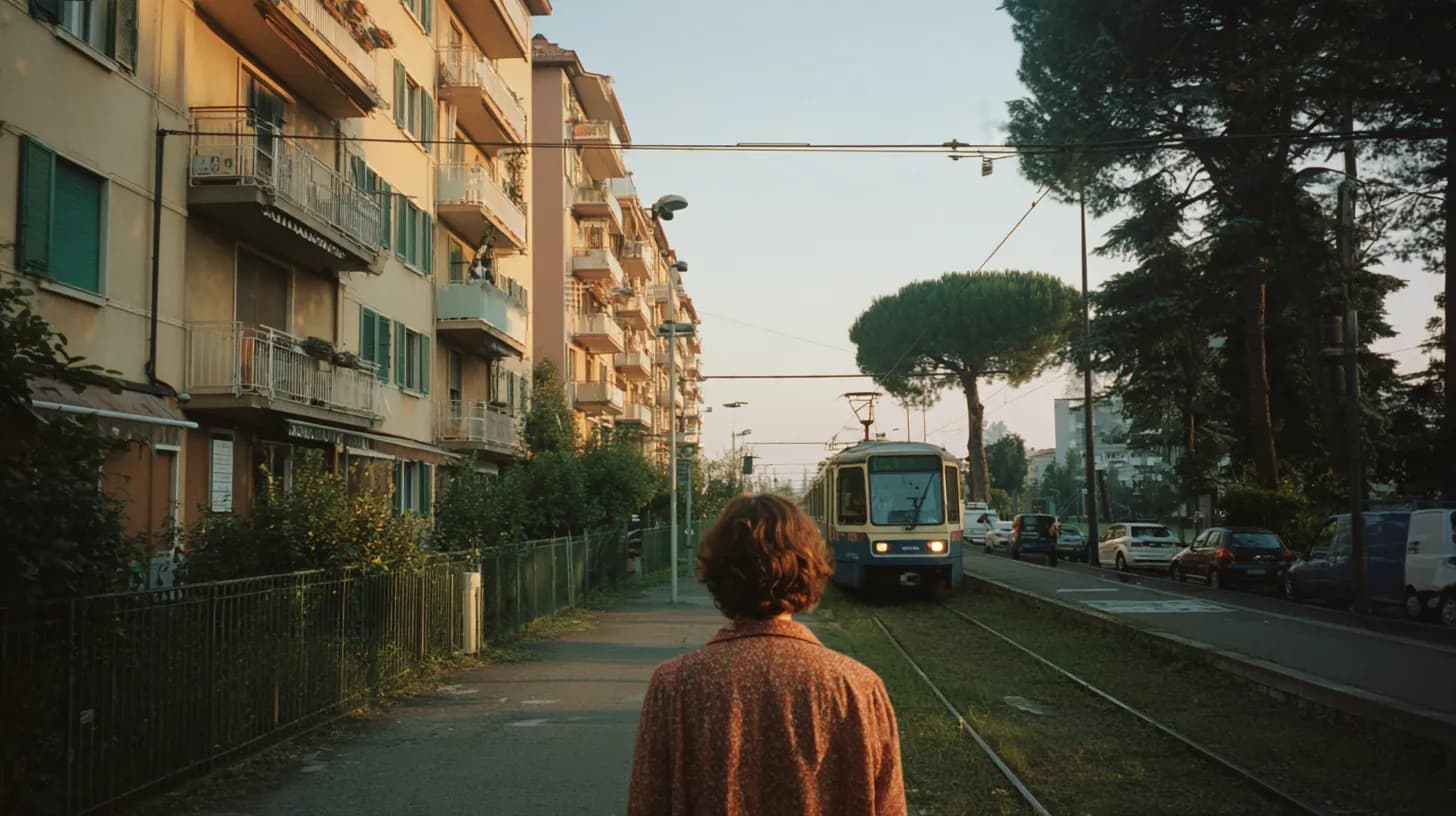 A person seen from behind waiting at a tram stop on a tree-lined residential avenue in Florence in early evening light, a tram approaching in the distance