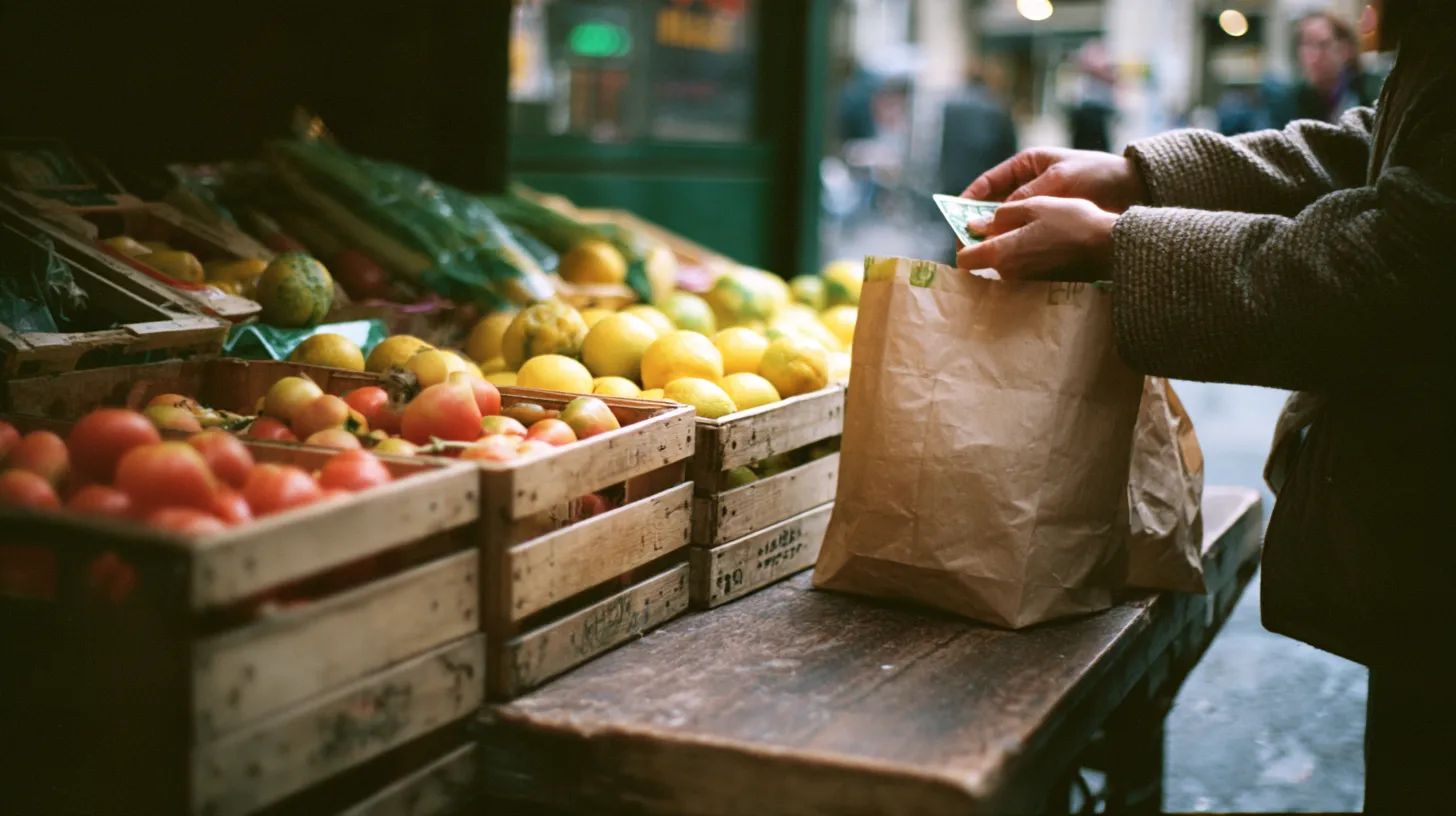 Hands paying at a fruit and vegetable stall in an Italian outdoor market, with crates of tomatoes and lemons and a paper bag