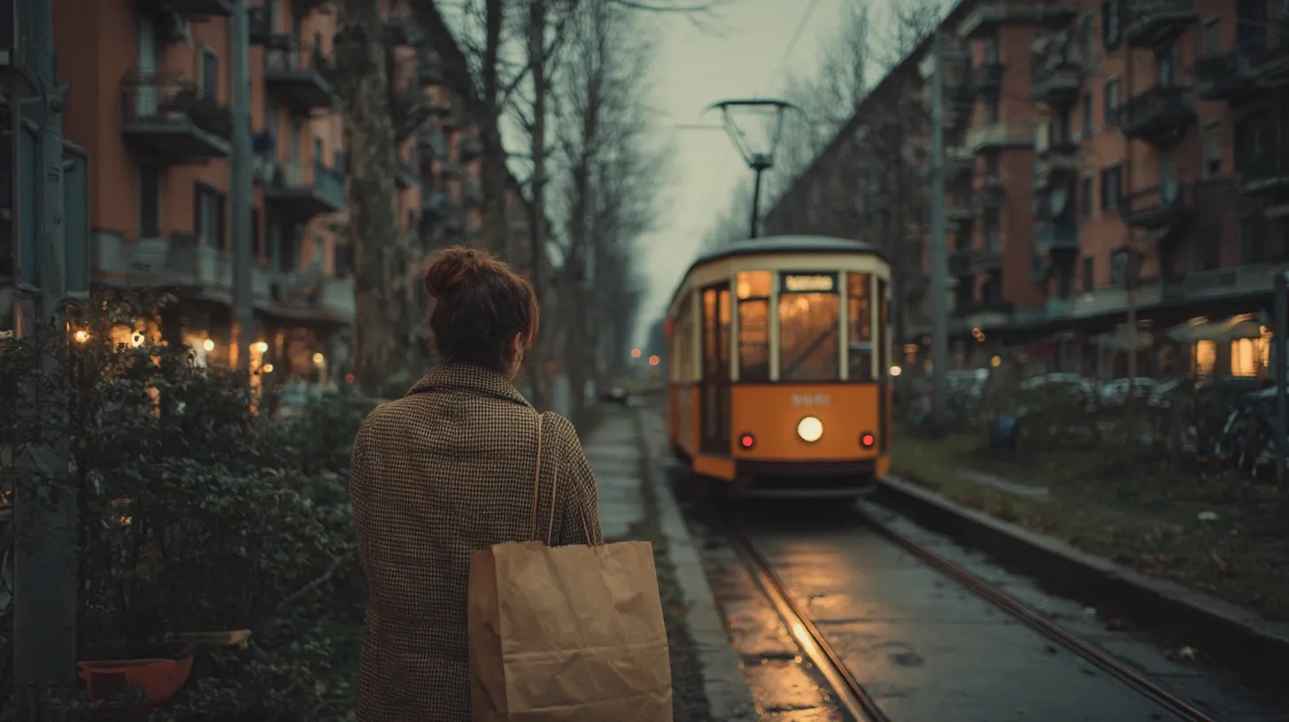 A person seen from behind waiting at a tram stop on a tree-lined Milan avenue at dusk, holding a paper grocery bag, with an orange tram approaching and lit apartment windows behind