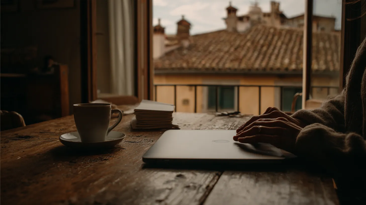 Hands resting on a closed laptop beside a cup of espresso and a stack of blank paper on a wooden kitchen table, with a window onto terracotta rooftops in soft morning light