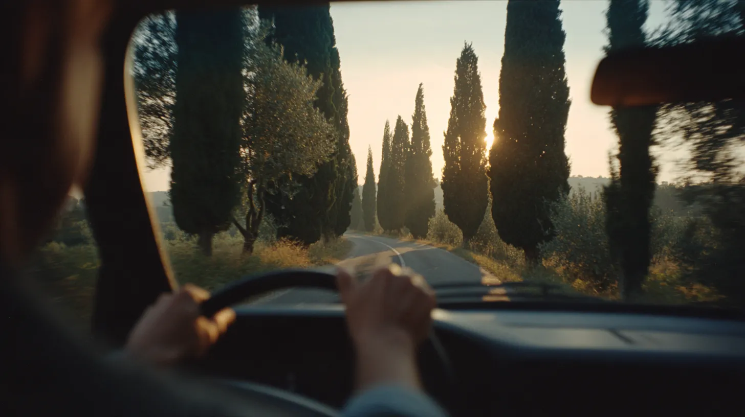 View from inside a small car as a driver's hands hold the steering wheel on a cypress-lined Italian country road in late afternoon light