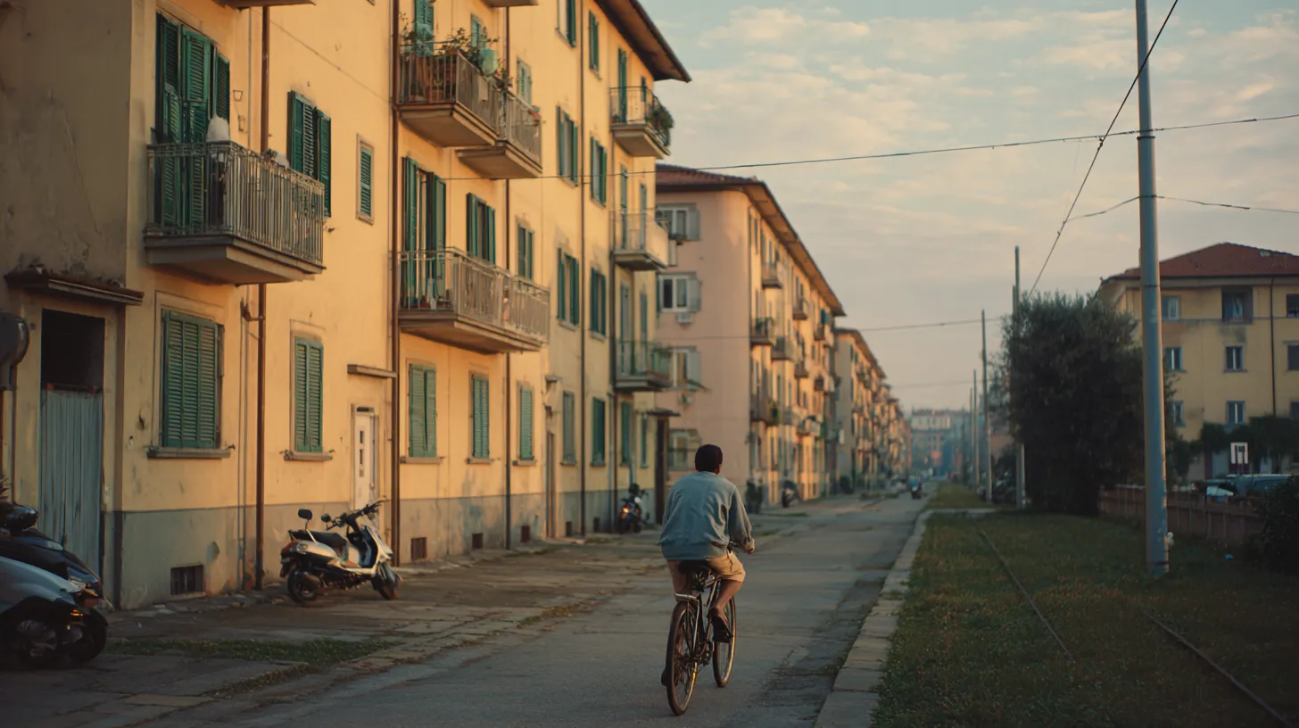 A quiet residential street in a Florence neighborhood in early morning light, a person seen from behind cycling past cream and ochre apartment buildings with green shutters, tram wires overhead