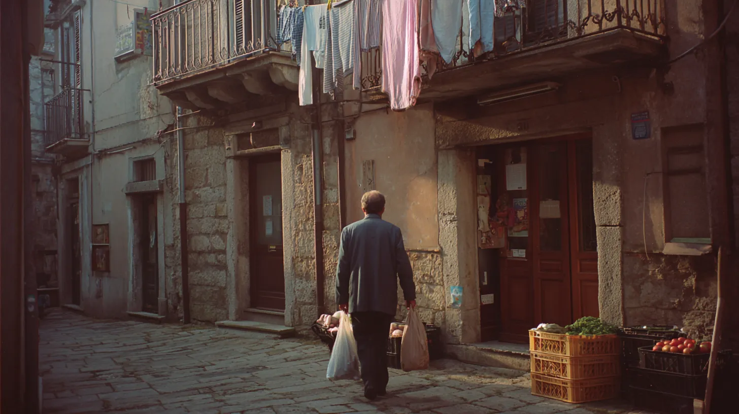 A person seen from behind carrying shopping bags along a narrow stone street in an Italian town, past a small grocery with crates outside and laundry above