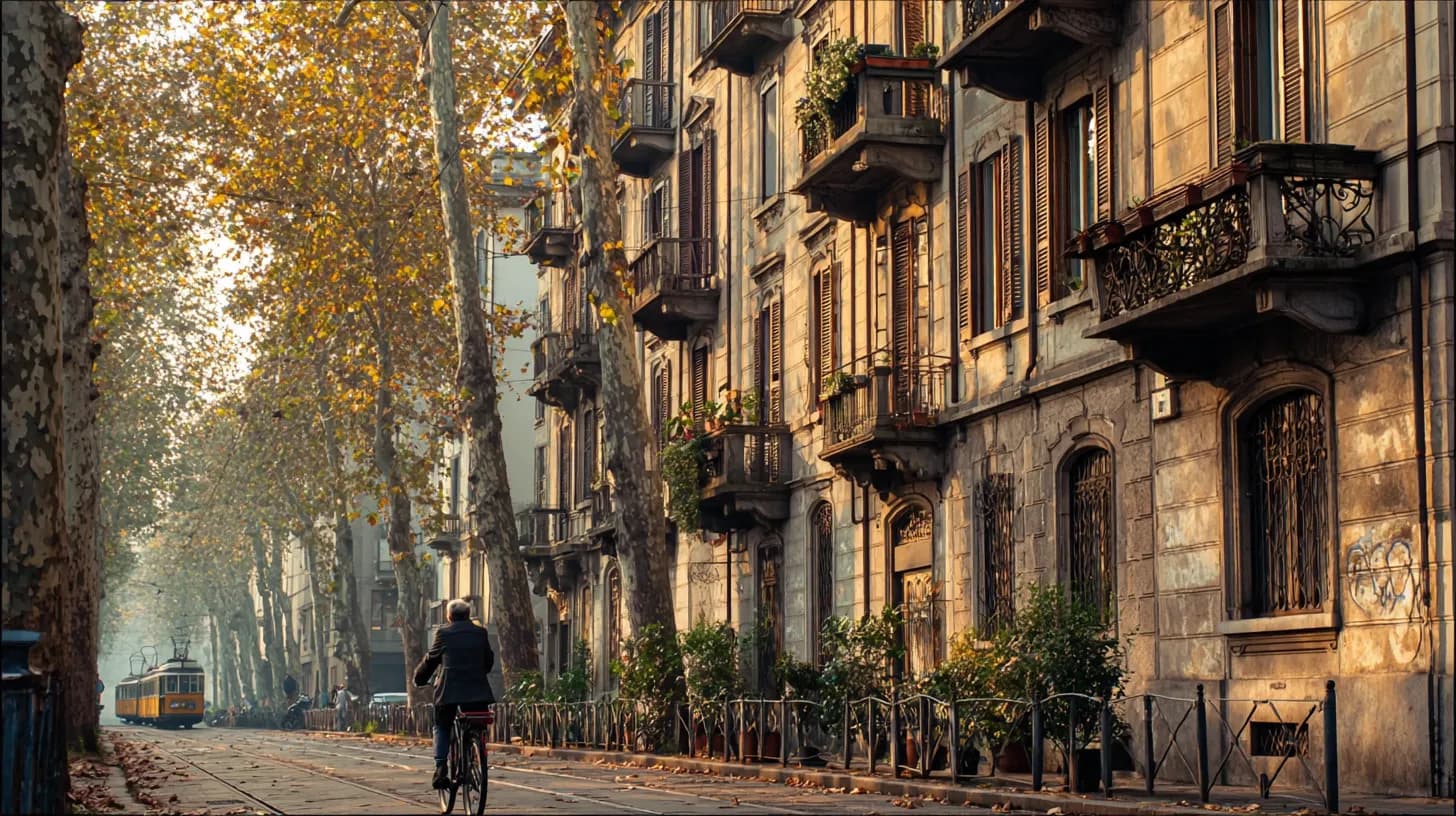 A residential street in Milan on a hazy autumn morning, a person seen from behind cycling past early-1900s apartment buildings with iron balconies, plane trees and a tram in the distance