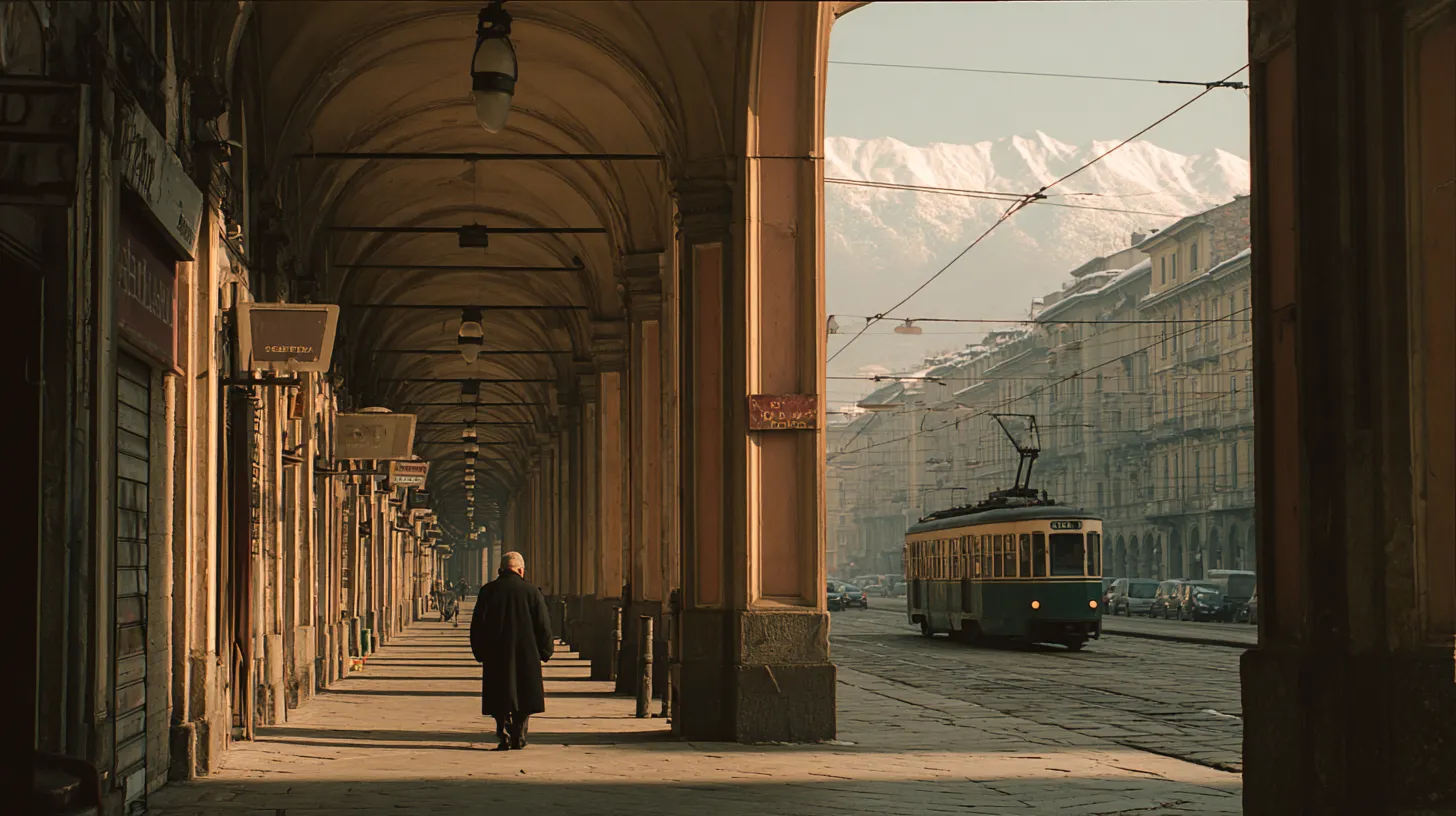 A long arcaded street in Turin on a hazy winter morning, a person seen from behind walking under stone porticoes past closed shop shutters, a tram passing in the street and snow-capped mountains faint in the distance