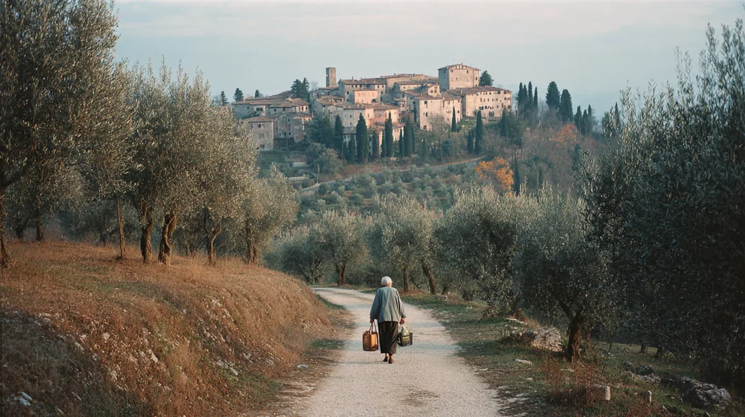 A narrow country road climbing between olive groves and cypress trees toward a small stone hill town in late afternoon light, a person seen from behind walking with a shopping bag