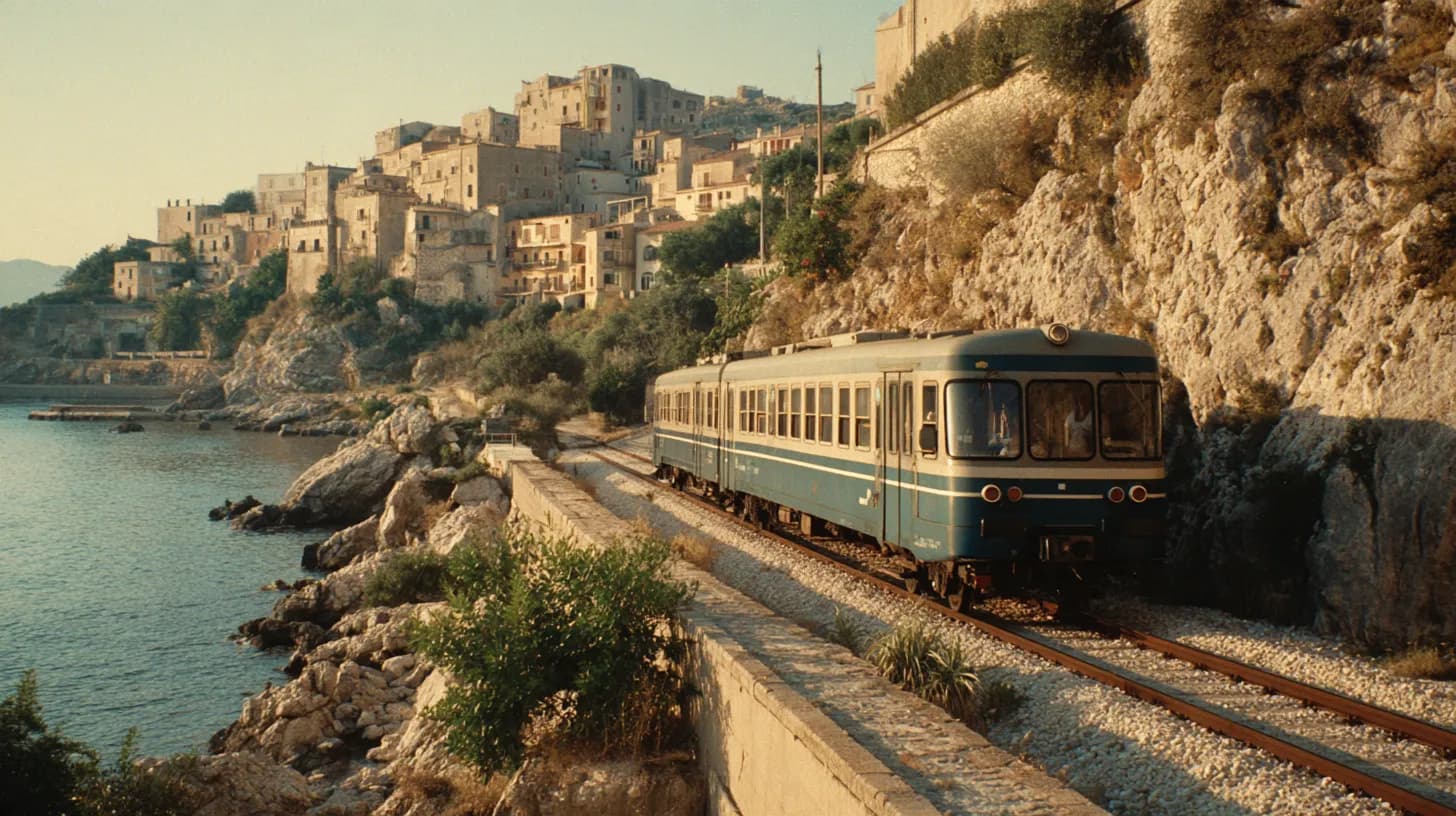 A short two-car regional train running on a single track along a rocky coastline in southern Italy in late afternoon light, with a small hill town of pale houses in the distance