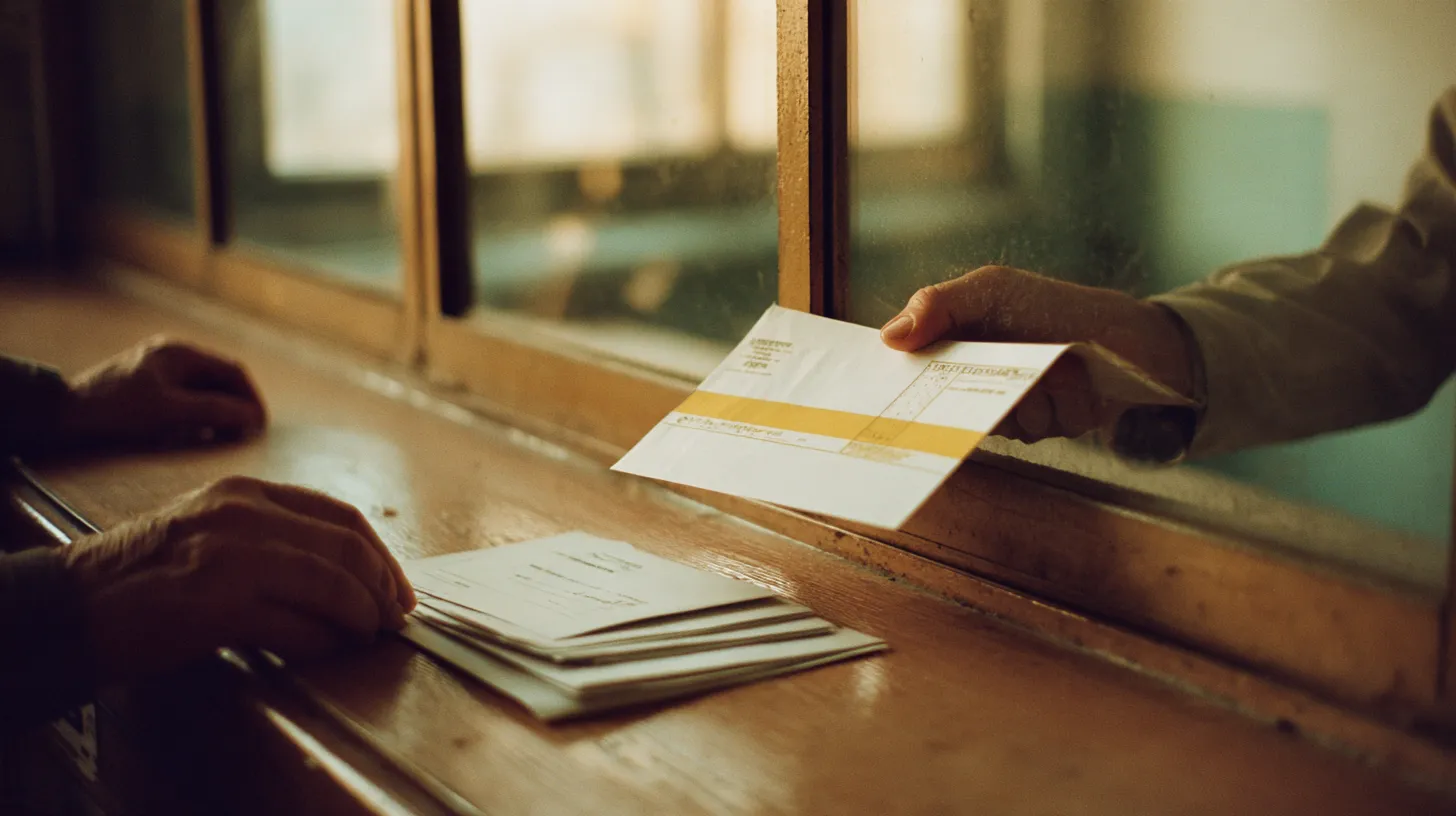 Hands sliding an open envelope with a yellow stripe and a stack of photocopies across a post office counter