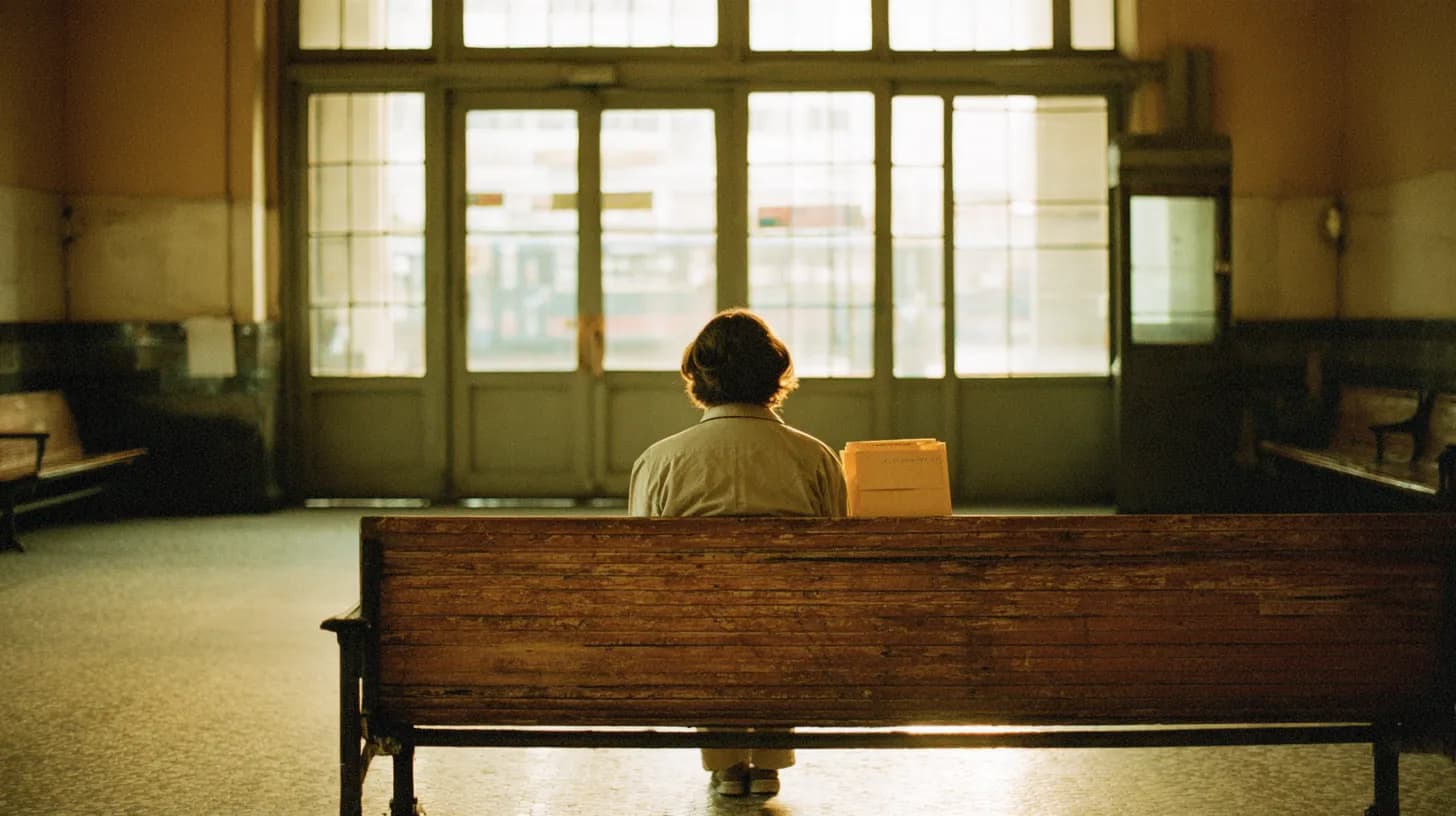 A person seen from behind on a wooden bench in a sunlit waiting room, with a folder beside them