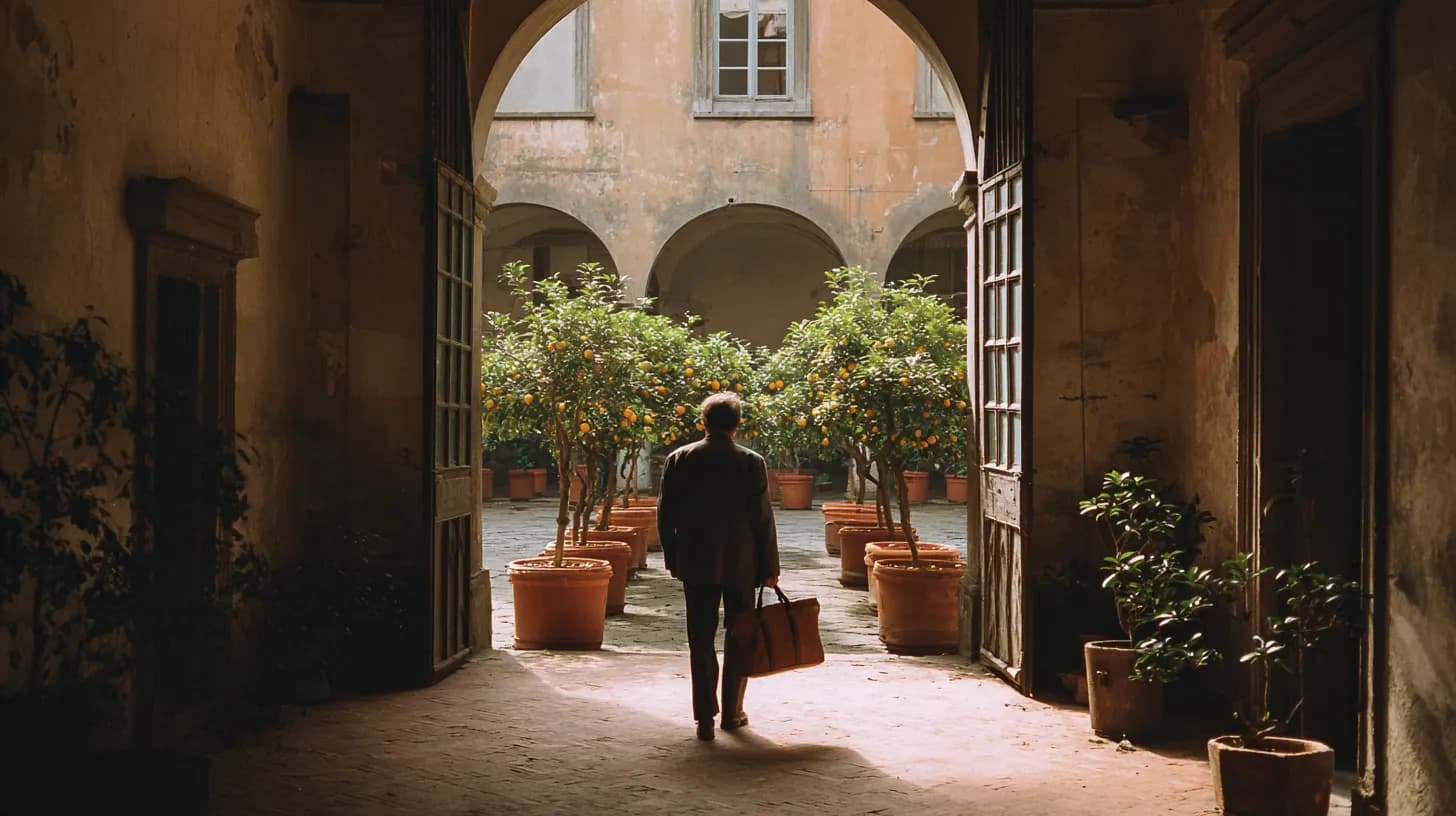 A person seen from behind carrying a laptop bag through the arched entrance of an old stone office building into a sunlit courtyard