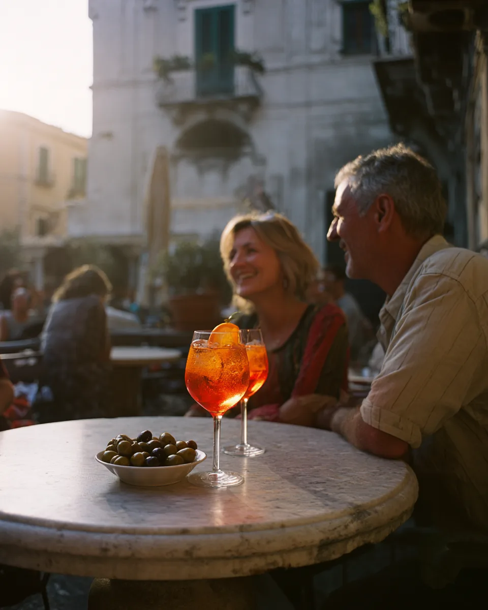 A couple laughing over spritz and olives at a marble cafe table on an Italian piazza at golden hour