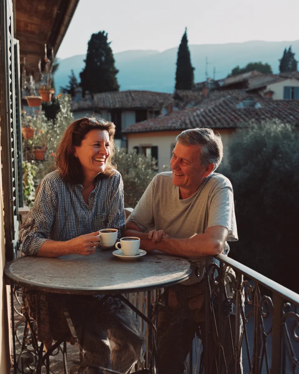 A couple with morning espresso laughing on their balcony over terracotta rooftops