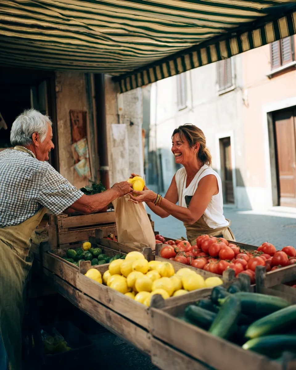 A vendor handing a bag of lemons to a smiling woman at a small-town Italian market