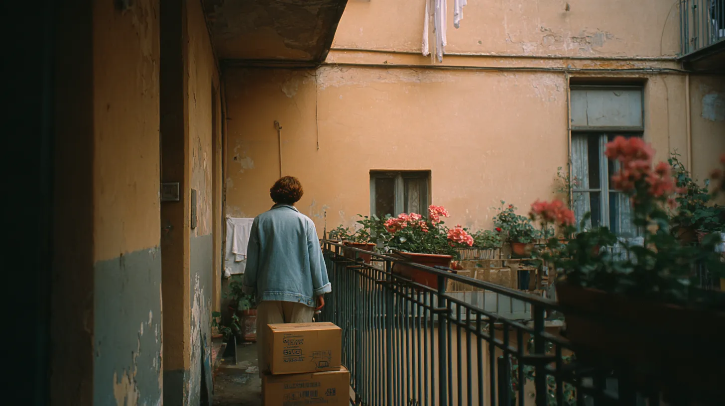 A person seen from behind carrying a cardboard moving box along the iron balcony walkway of an old Milan courtyard building, with laundry and potted plants along the railings