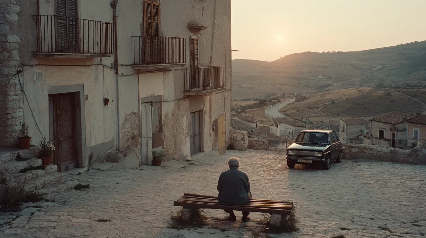 A quiet stone piazza in a small southern Italian hill town in late afternoon, with an older man seen from behind on a bench, a parked small car and dry hills beyond