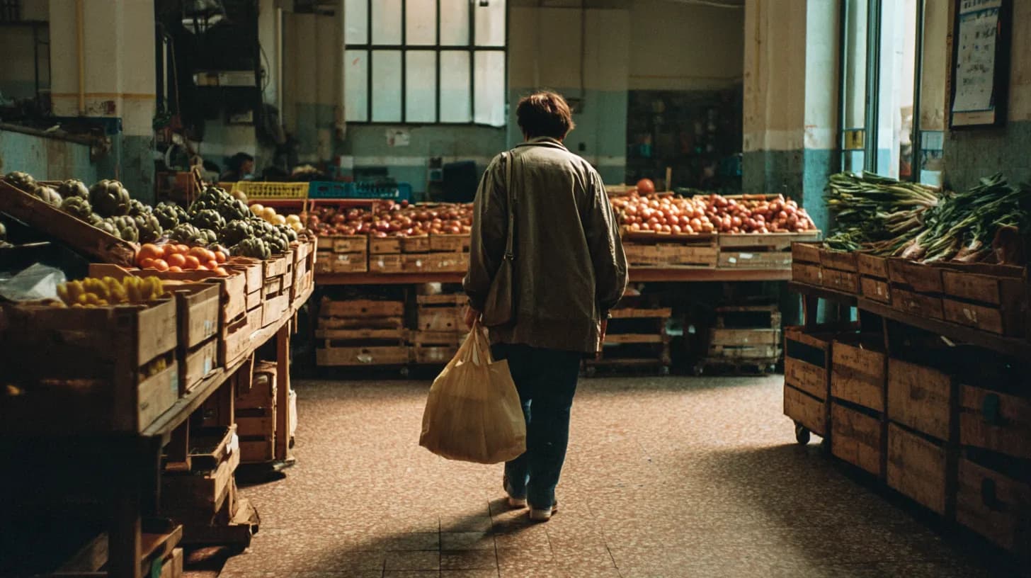 A person seen from behind carrying a canvas shopping bag between produce stalls in a covered neighborhood market in Rome, with crates of artichokes and oranges in soft morning light