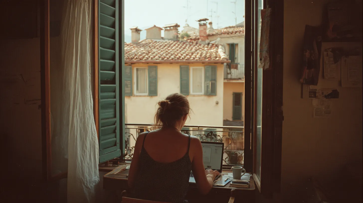 A person seen from behind working on a laptop at a small table by an open window, with terracotta rooftops outside in morning light