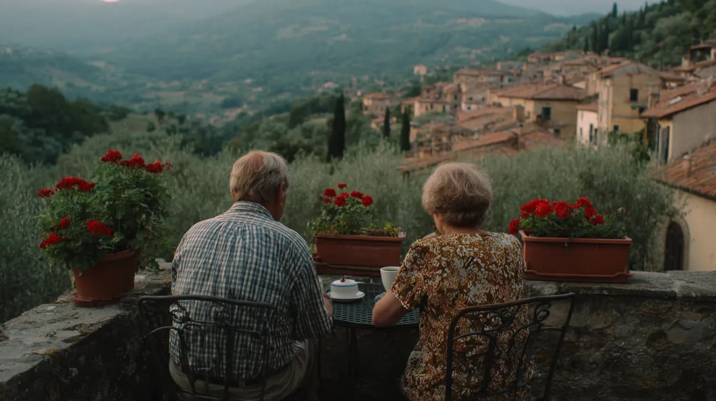 An older couple seen from behind on a small stone terrace with potted geraniums, looking over a valley of olive trees and tiled roofs in soft morning light