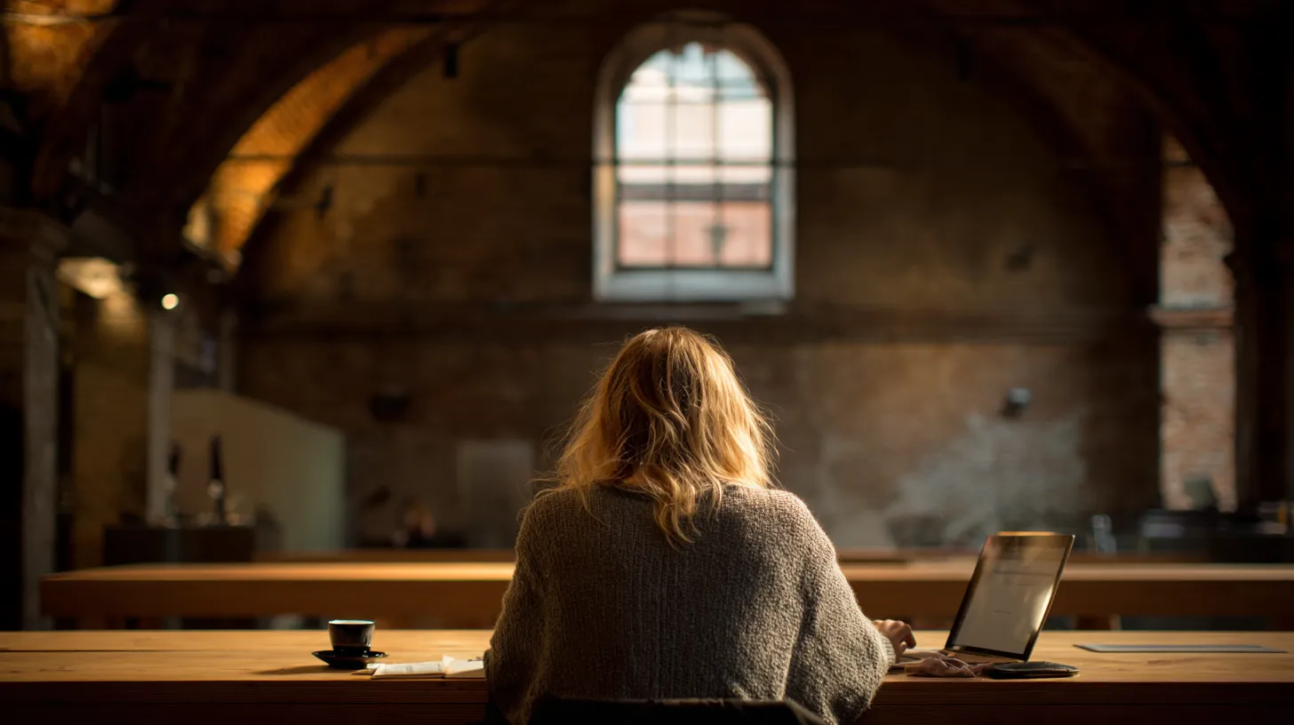 A person seen from behind working on a laptop at a long wooden table in a vaulted brick room with a tall arched window, a cup of espresso beside them