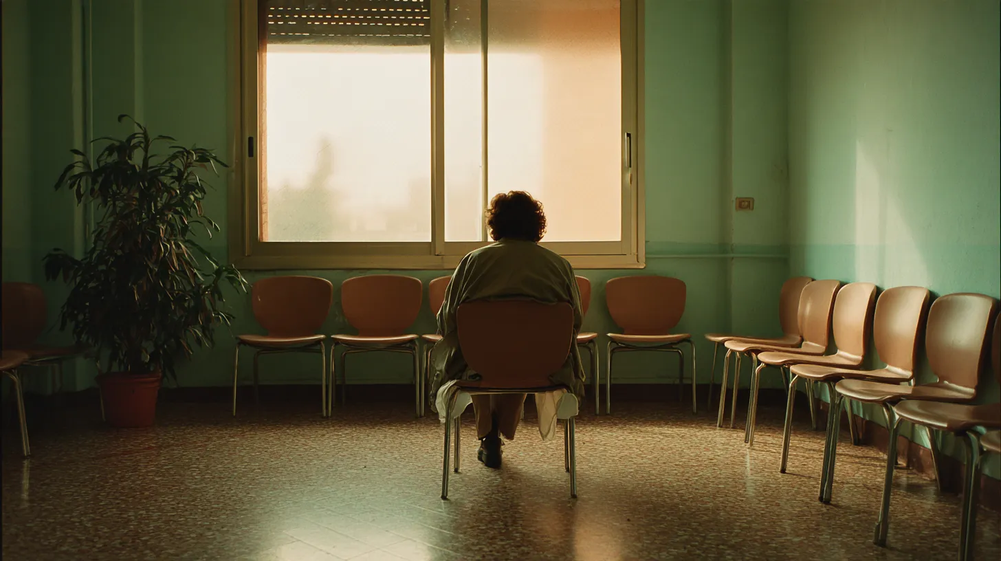 A person seen from behind sitting in the waiting area of an Italian public health clinic, with rows of chairs, a potted plant and daylight from a window