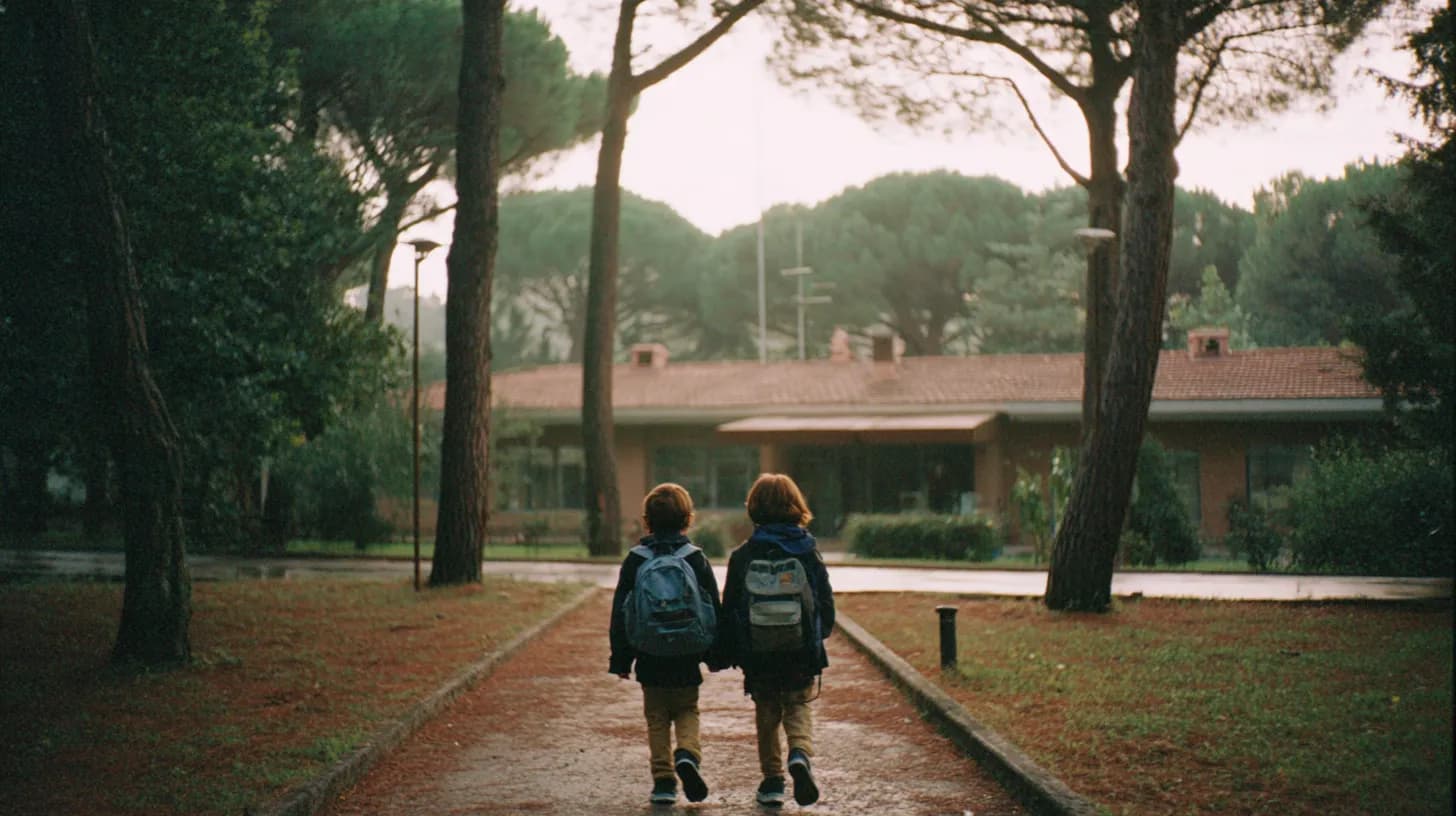 Children seen from behind with school backpacks walking along a tree-lined path toward a low school building on a green campus in soft morning light