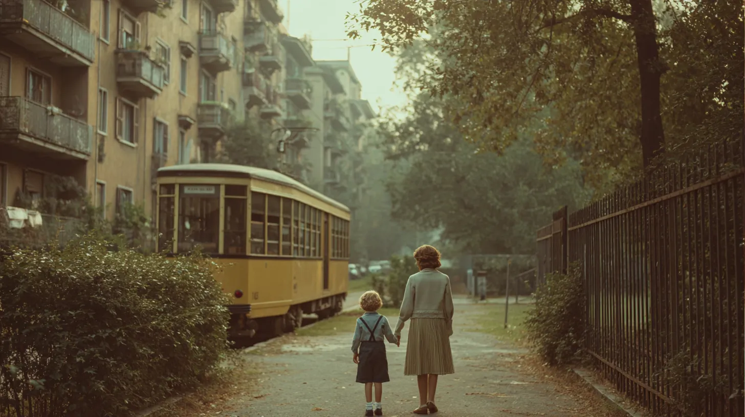 A parent and child seen from behind, holding hands on a tree-lined Milan street, walking toward a school gate as a yellow tram passes in soft focus in early morning autumn light