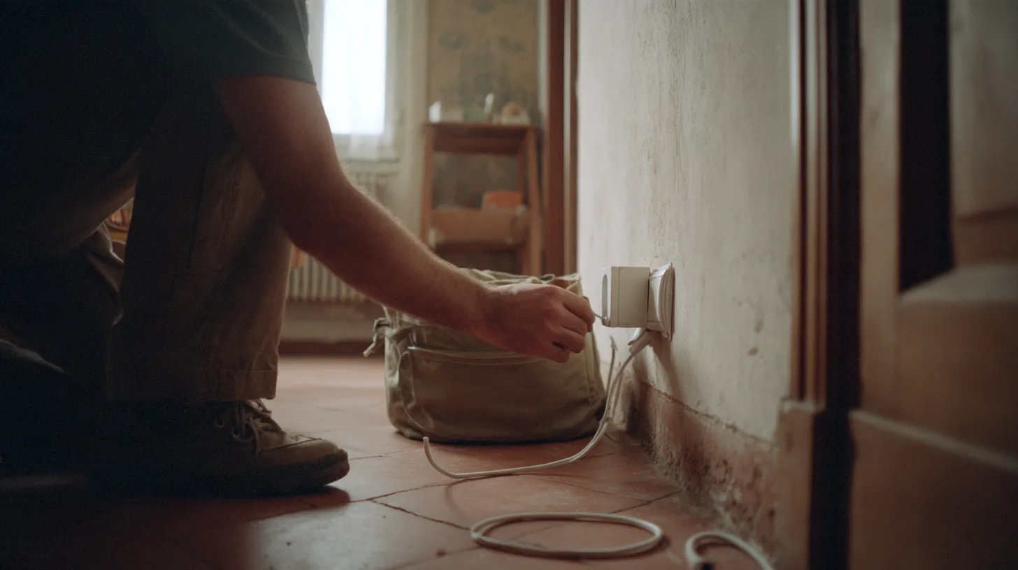 Hands of a technician fitting a small white fiber optic wall socket beside a doorway in an Italian apartment with terracotta floor tiles