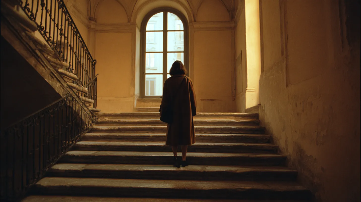 A person seen from behind climbing the wide stone staircase of an old Italian palazzo toward a tall arched window in afternoon light