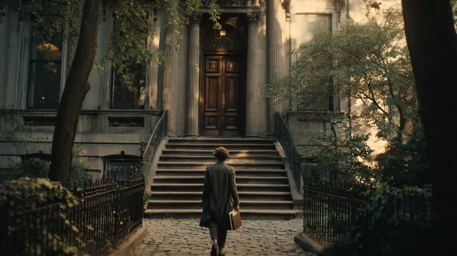 A person seen from behind climbing worn stone steps toward the tall wooden door of a stately city building on a tree-lined street in early morning light