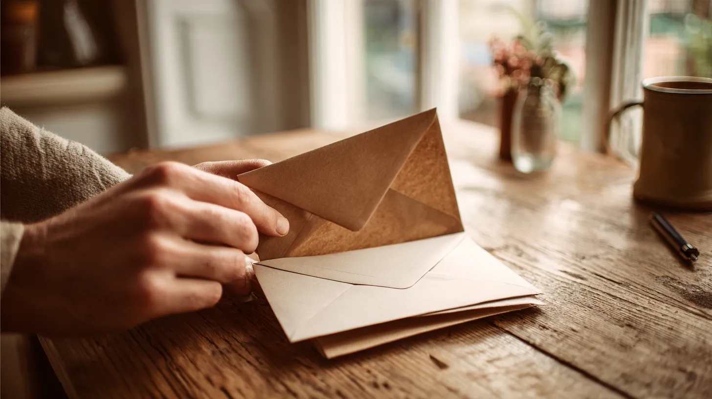 Hands holding envelopes over a stack of plain envelopes on a wooden kitchen table, with a mug and a pen, in soft window light