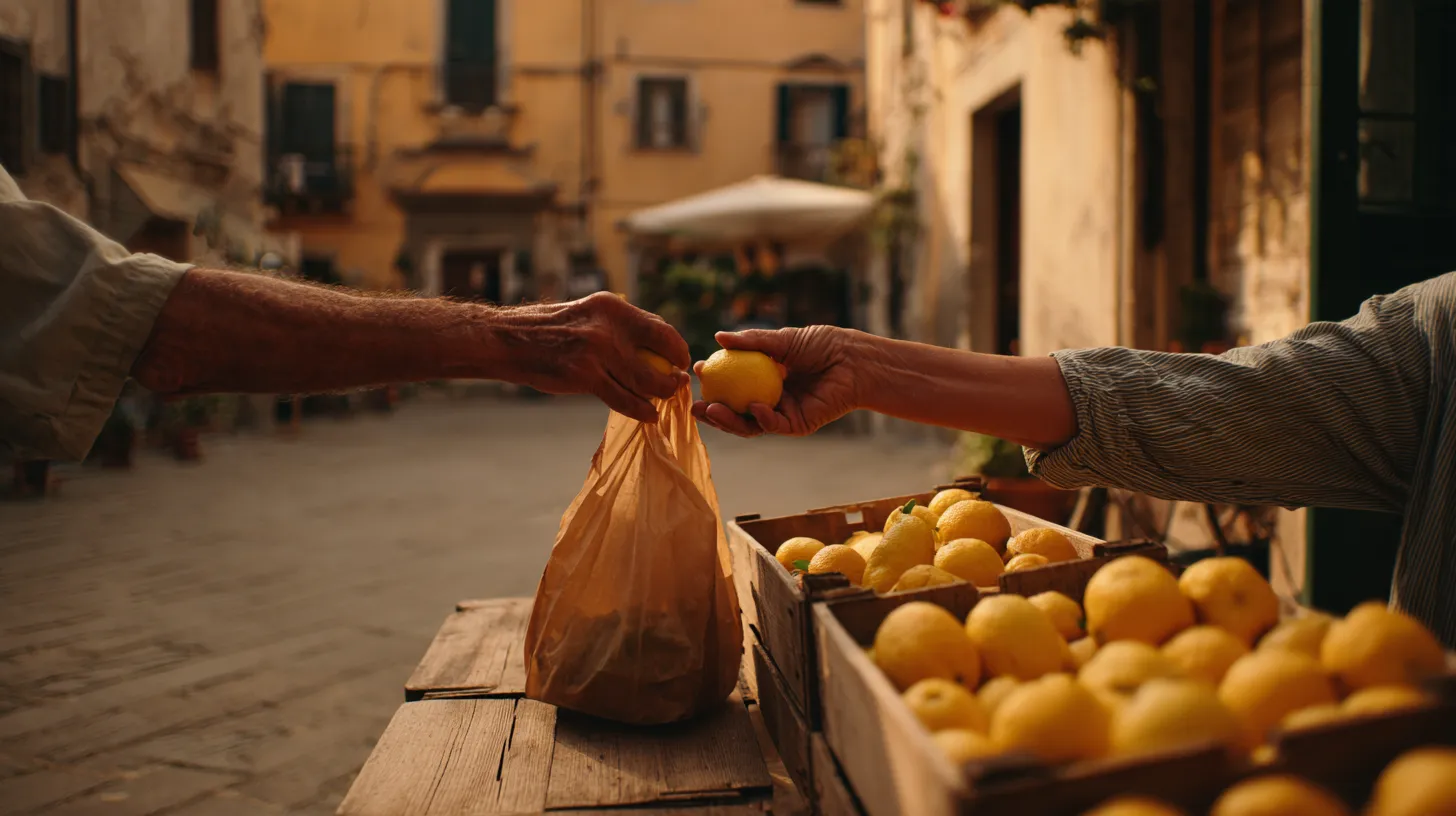 Hands of a shopper and a vendor passing a lemon over crates at a market stall in a small Italian piazza, morning light