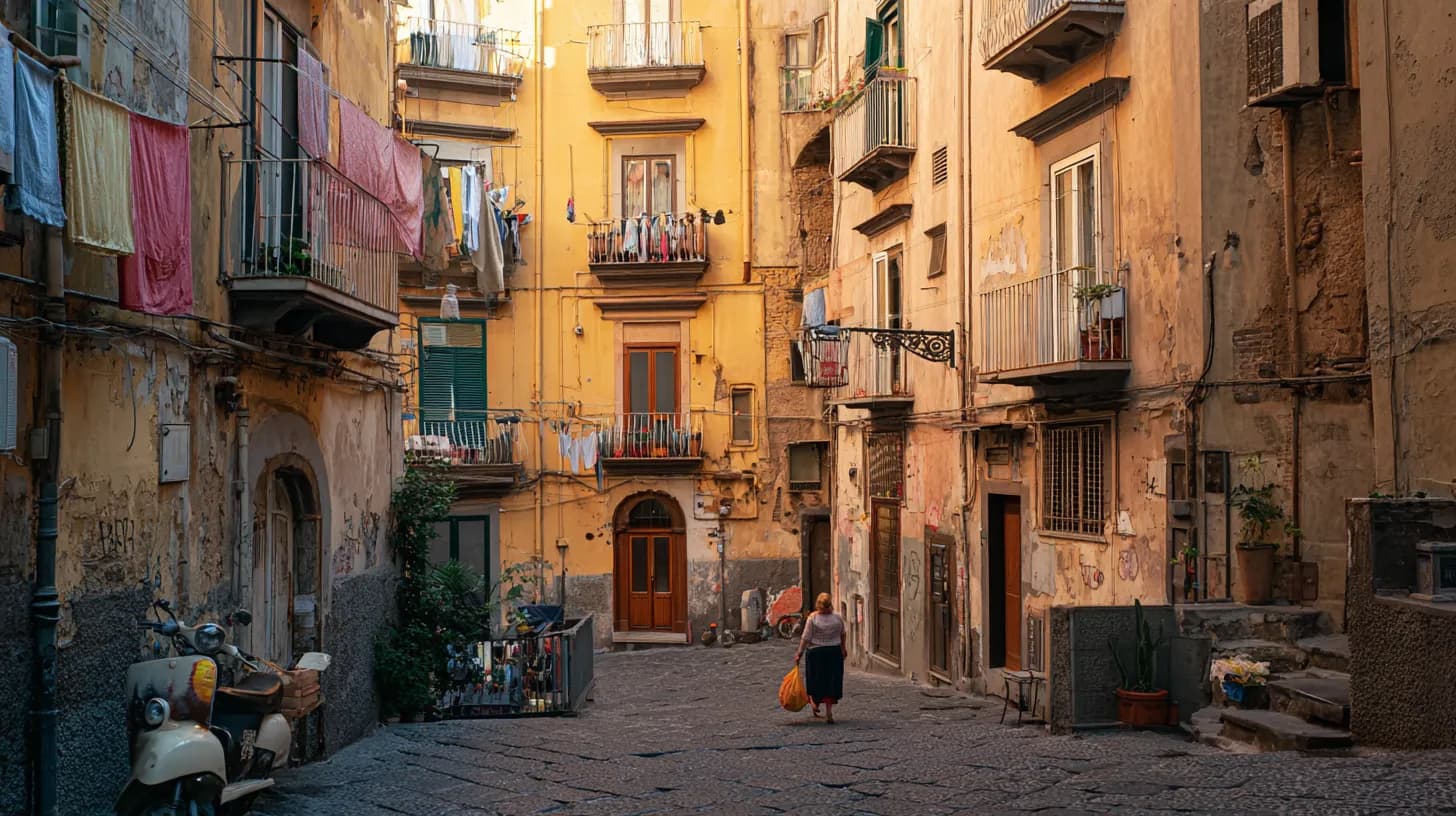 A narrow residential street in Naples in soft morning light, laundry hanging between balconies of pale yellow and ochre buildings, a parked scooter, and a person seen from behind carrying a shopping bag