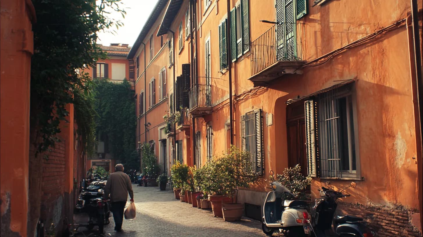 A quiet residential street in a Roman neighborhood in early morning, a person seen from behind carrying a market bag past ochre apartment buildings with green shutters and parked scooters