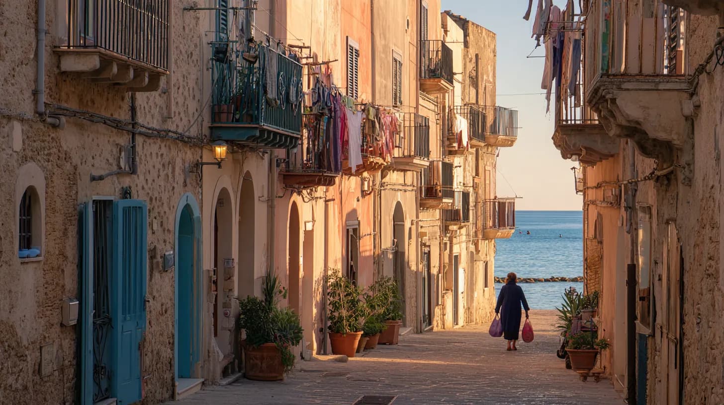 A narrow residential street in a Sicilian coastal town in late afternoon, limestone buildings with iron balconies and drying laundry, a person seen from behind carrying shopping bags, the sea visible at the end of the street