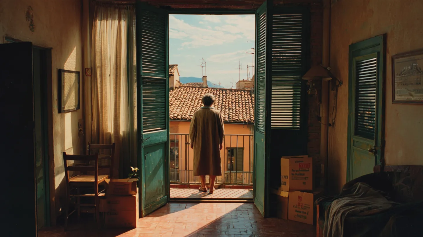 A person seen from behind at open green shutters looking over terracotta rooftops, with moving boxes in a sparsely furnished room