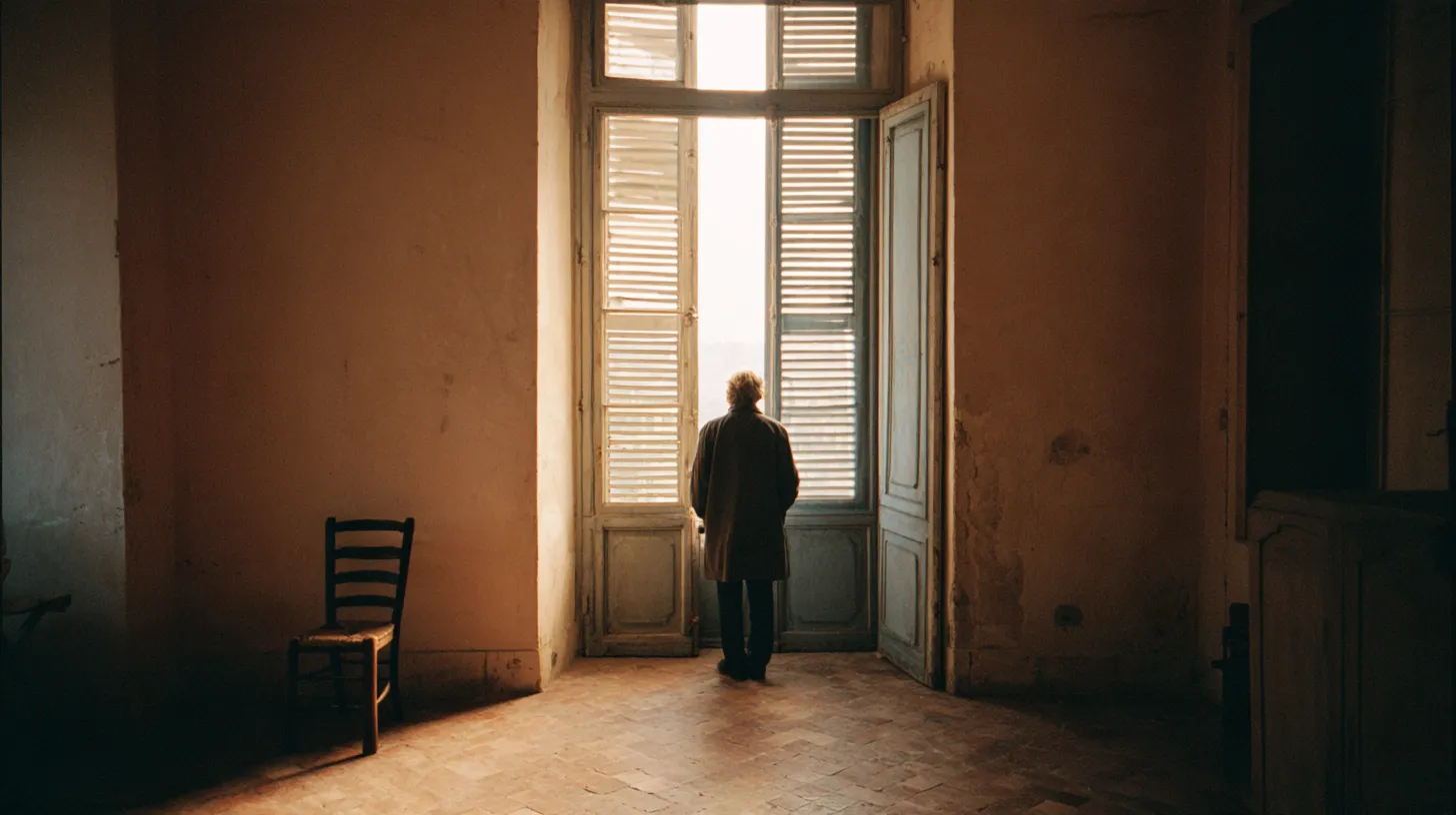 A person seen from behind at the tall shuttered window of an empty Italian apartment with terracotta floor tiles and a single chair