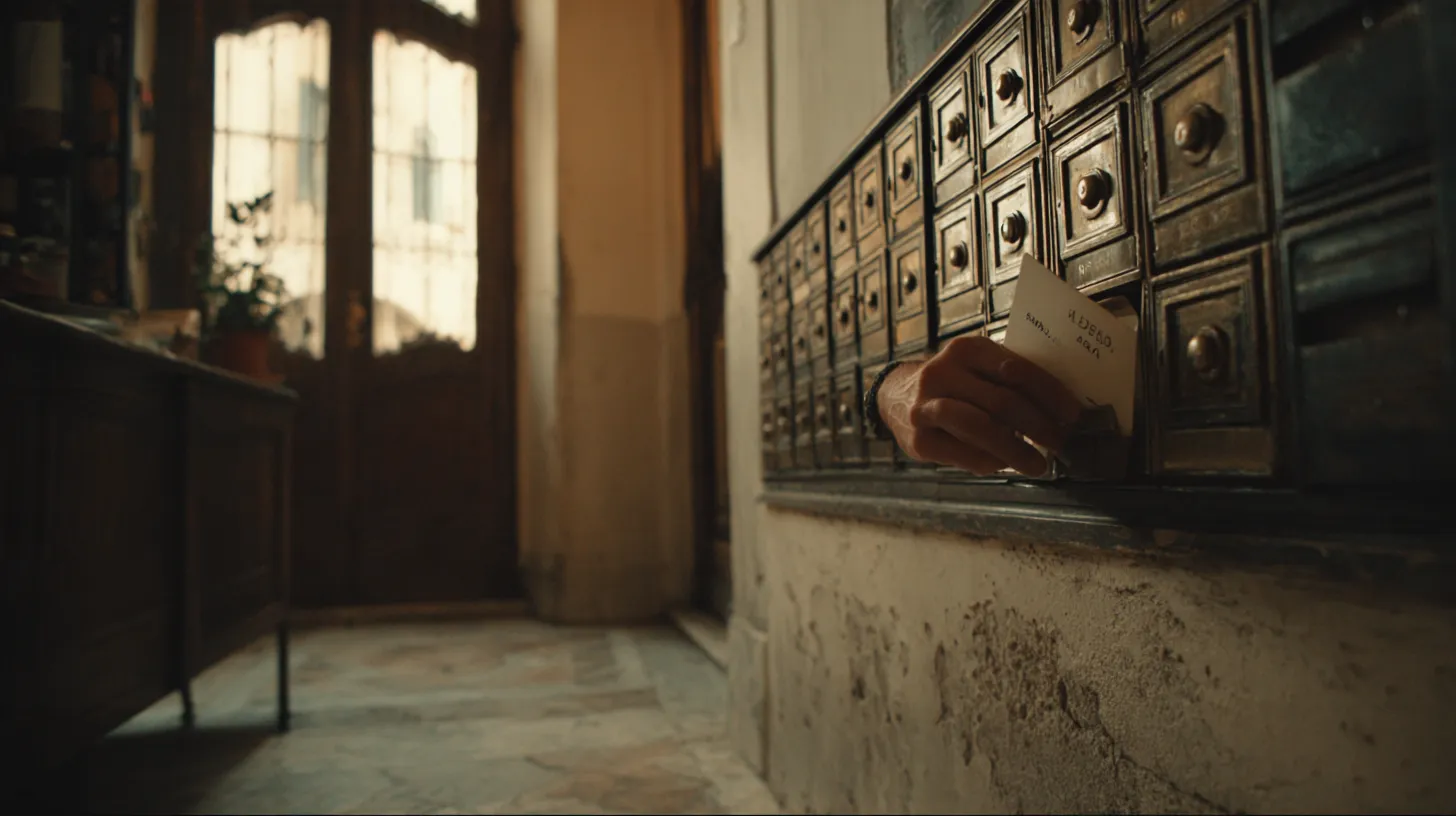 A hand sliding a blank paper name card into the slot of a brass mailbox in the stone entrance hall of an old Italian apartment building