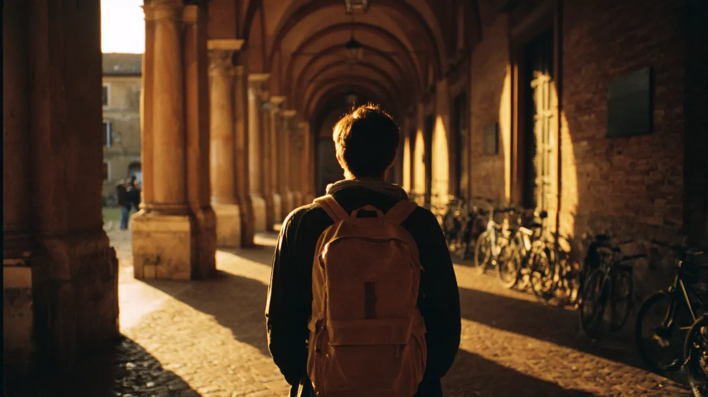 A student with a backpack, seen from behind, walking under a stone arcade in an Italian university town in early morning light