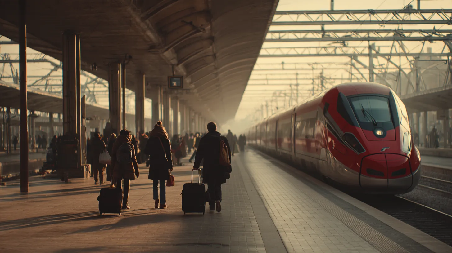 Travelers with rolling suitcases walking beside a red high-speed train along a platform under the steel canopy of a large Italian station, seen from behind in morning light