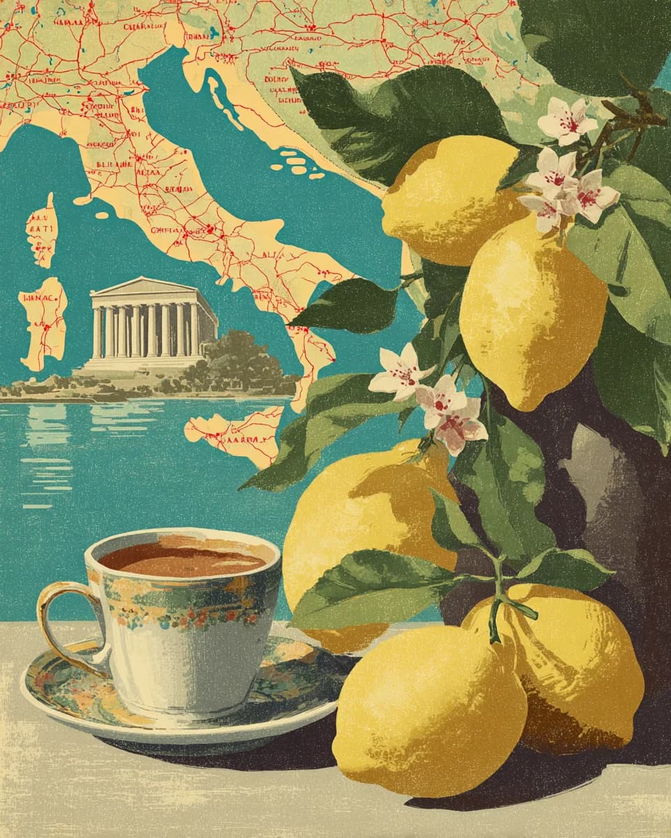 Vintage travel poster of Italy with lemons, an espresso, and the azure coast